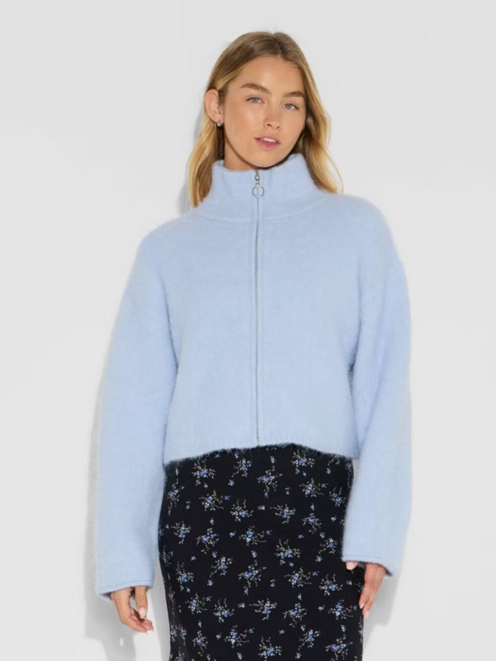 Women's Full Zip Mock Turtleneck Cardigan - Wild Fable Light Blue XXS